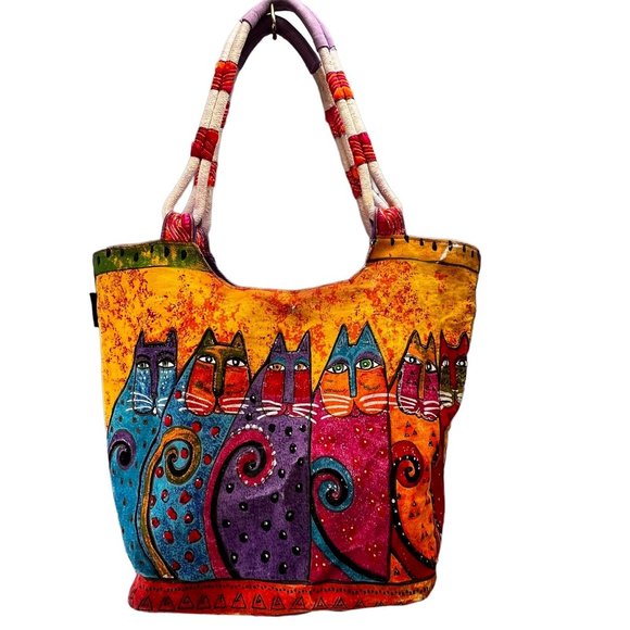 Vintage Laurel Burch Bag Handbag Tote Purse Cat Design Colorful Canvas Beach - Picture 4 of 16